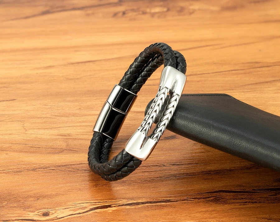 TYO Herrenarmband aus Edelstahl mit doppellagigem Echtleder, Nische und minimalistischem Design aus Gold und Stahl – Detail 7