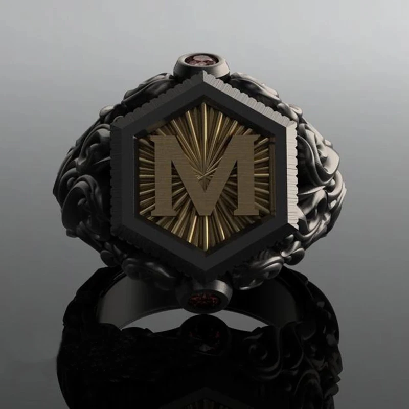 Signet Ring Classic Retro Black Men Gold Color Carving M Letter Steampunk For Birhday Gift Party Gothic Jewelry