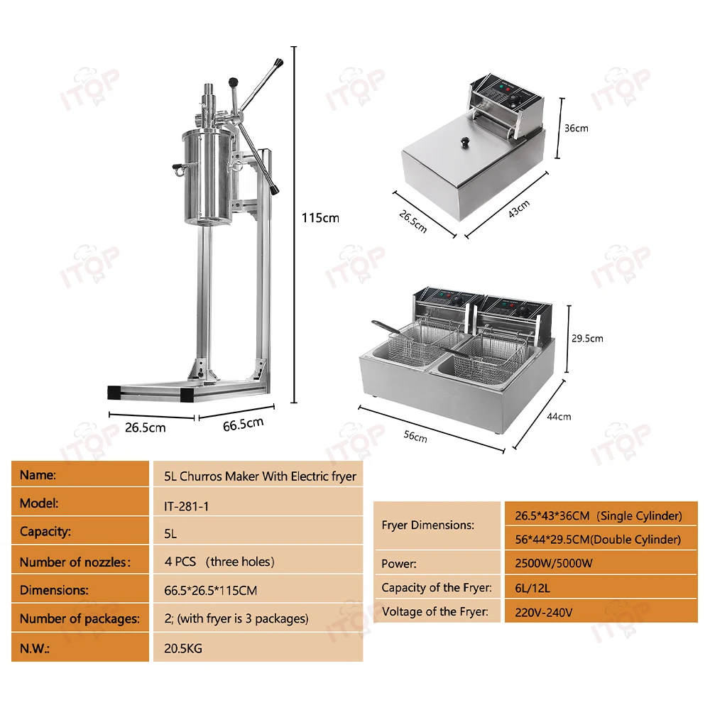 ITOP Manual Churros Maker Capacity 5L 4 Types of 3-Holes Mould and Electric Fryer 6L/ 12L