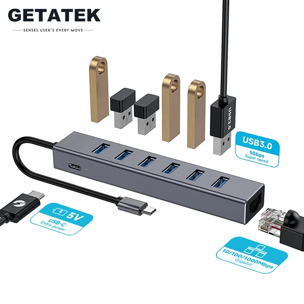 Getatek Usb 3.0 Hub Usb 8-In-1 Con 6 Porte Usb 3.0 5V Porta Gigabit Ethernet Extra Power Per Laptop Drive Hdd Printer Mouse