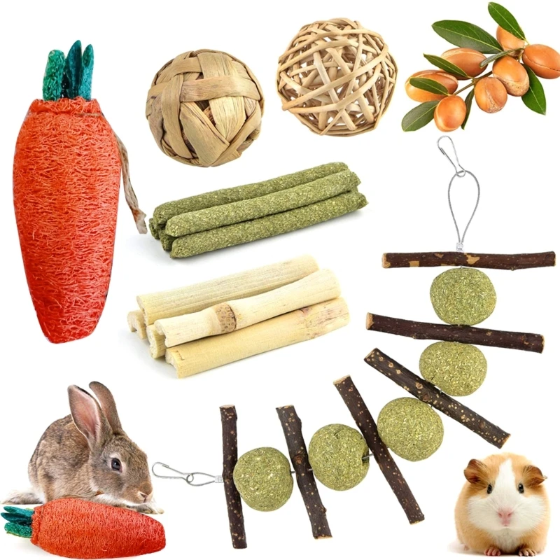 

Набор жевательных игрушек для кроликов, шарики сена, палочки, веточки, игрушка для шлифовки зубов мелких животных