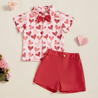 MISOWMNJOY Gentleman Toddler Boy Outfits Valentine's Day Party Kid Clothes Heart Short Sleeve Button-up Bow Tie Shirt Shorts Set