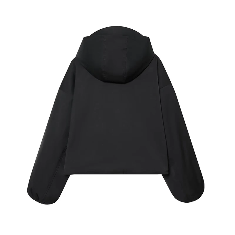 Mode Schwarz Wasserdichte Kapuzenjacke Frauen Volle Hülse Front Zipper Taschen Gestellte Oberbekleidung 2025, Herbst Weibliche Sport Mantel – Detail 2