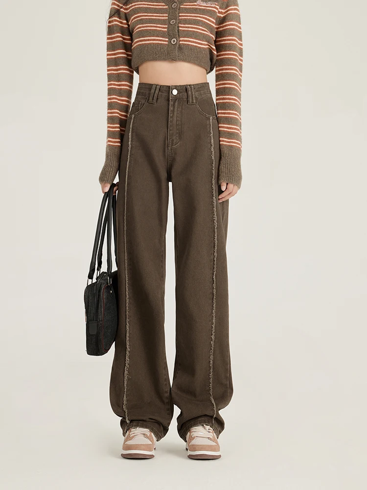 Straight-Leg Pants Women's American-Style Retro Fashionable Brown Wide-Leg Washed Cotton Denim Spring and Autumn Stitching 1Pc