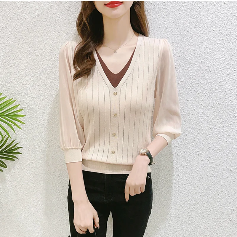 

Striped T Shirt Women V Neck Button Half Sleeve Top Ladies Summer Clothes Womens 2023 Knitted T Shirts Casual Tee Shirt Femme