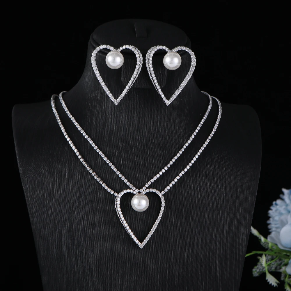 

New Trendy 2Pcs Heart Jewelry Set For Women Wedding Party Indian Dubai Bridal Water Drop Necklace Earring Jewelry Sets A0226
