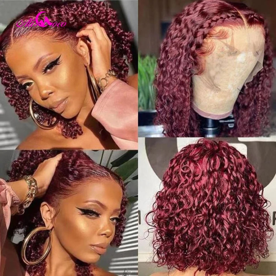 180 Density 99J Burgundy Short Curly Bob Wig 13X4 Lace Frontal Wigs For Women Brazilian Remy Bob Lace Front Wig Preplucked