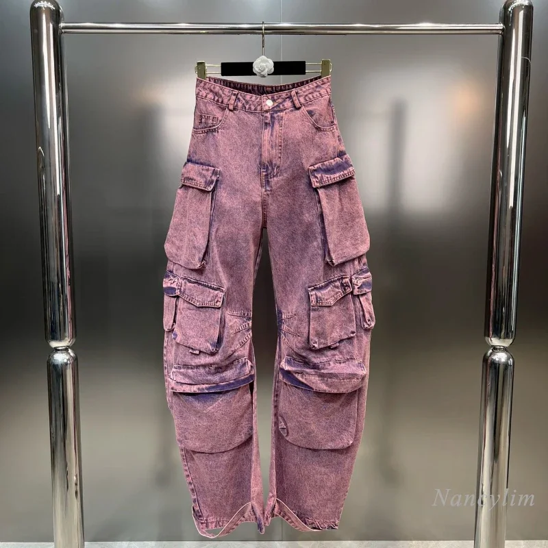 European Autumn Design Purple Tie-Dyed Big Workwear with Pocket Jeans Women's Fashion Casual Wide Leg Mop Pants Denim Pants leisure women s woven belt fashion business travel workwear design waistband high quality campus youth needle buckle belt