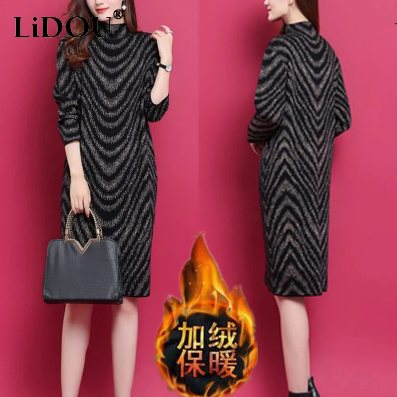 

Autumn Winter Oversized Casual Fashion Printing Robe Femme Add Plush Thick Warm Bottoming Dress Women Elegant Vintage Vestidos