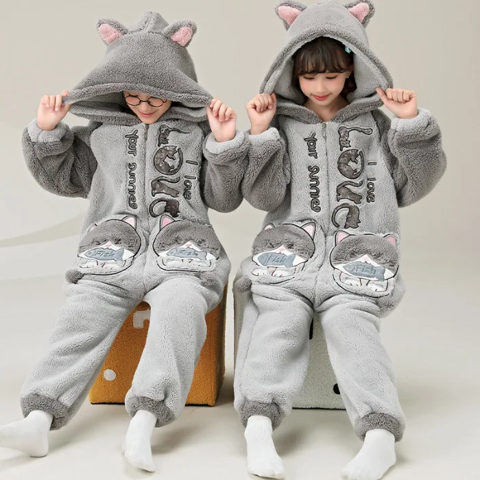 Parent-Child Outfit Pijamas Jumpsuits Kawaii Cartoon Panda Cat Women Men Sleepwear Hoodies Winter Thicken Pajamas Onesie Pyjamas