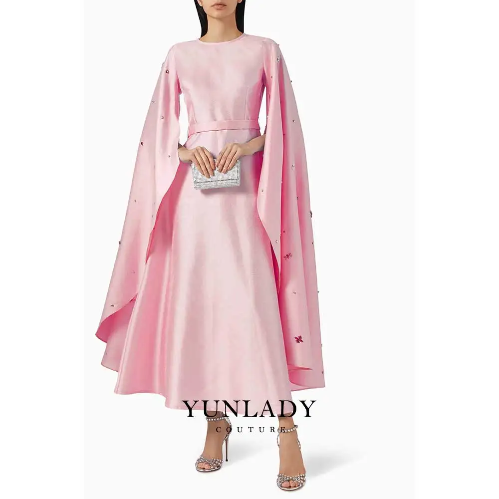 

YUNLAN Saudi Arabia Pink Cape Ankle Evening Dress 2024 Luxurious Rhinestone Blouse Sleeves Dubai Wedding Guest Formal Party Gown