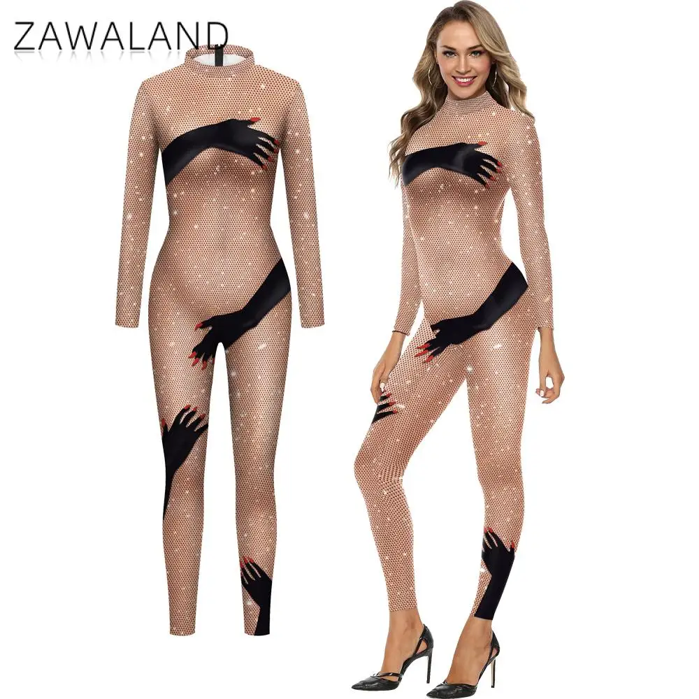 

Zawaland Jumpsuit for Woman Beaded Mesh Print Holiday Cosplay Costume Party Disguise Oufit Female Zentai Bodysuit Sexy Catsuit