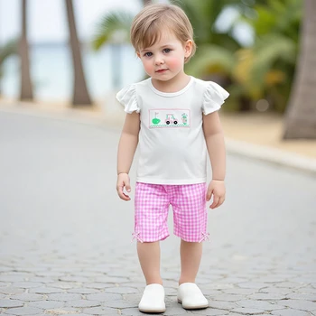 Adorable Infant Girl Tennis Ensemble with Cute Ruffle Sleeve Top and Checkered Shorts Adorned with Bows - 2 Piece Set 5