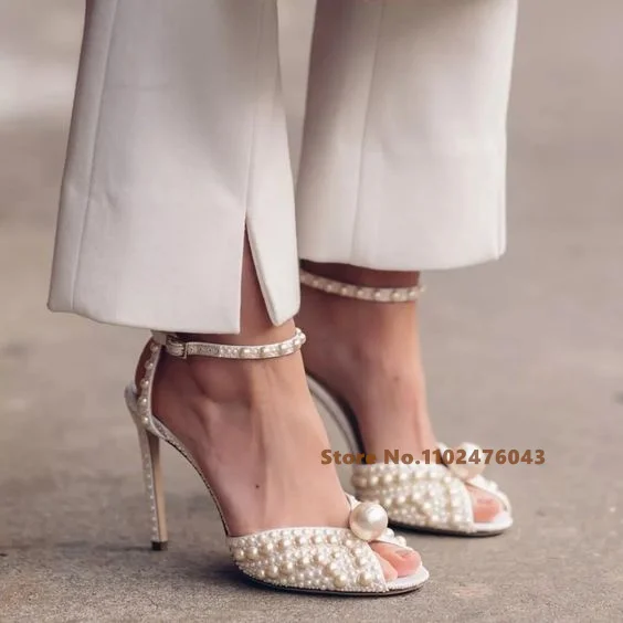 

White Pearl Inlaid Peep Toe Jewelry Crystal Sandals Summer Women Open Toe High Heels Buckle Strap Hollow Design Wedding Shoes