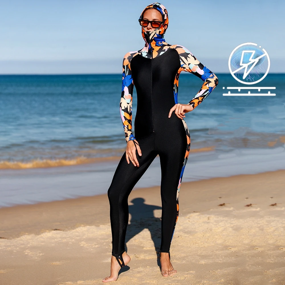 

Women One Piece Professional WaterProof Outdoor Swim Divig Suit Hooded UV Protection UPF50+Surfing Sports Beach Paded Rash Guard