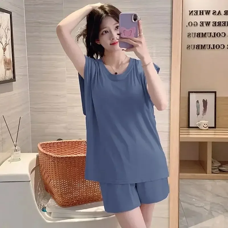 여성용 얇은 파자마 세트, 가슴 패드, 모달 원단, 시원한 느낌, 겉옷, 가정 의류, 세트, 2024 여름