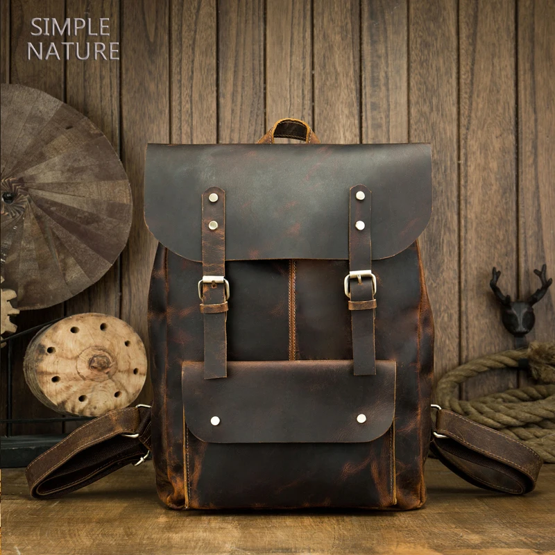 Handmade Genuine Leather Backpack Outdoor Travel Cowhide Laptop Bag Men Vintage Crazy Horse Leather Knapsack Casual Rucksack