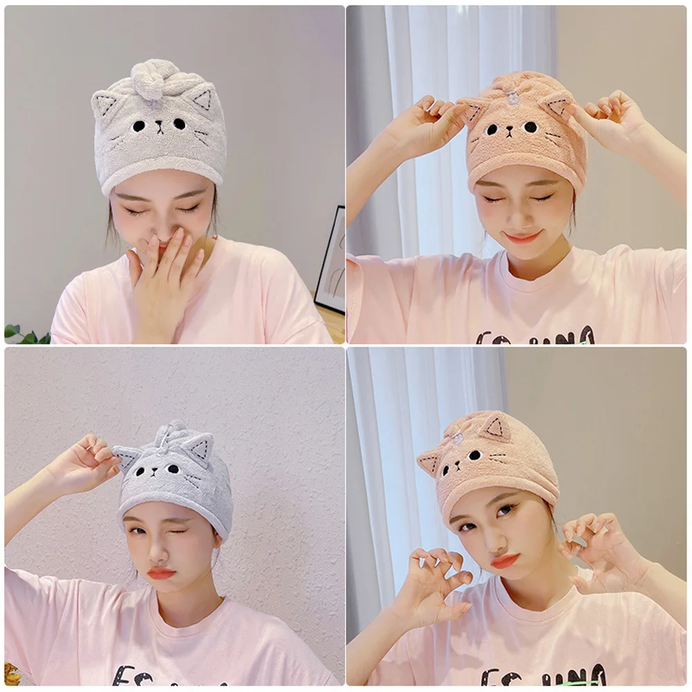 Microfiber Towel Sports Towel Shower Cap Hair Towel Cartoon Cat Hair Towel Cap Absorbent Quick-dry Wrapped Bath Cap Sweet Kitten Thickening Coral Velvet Headband Bathroom Supplies