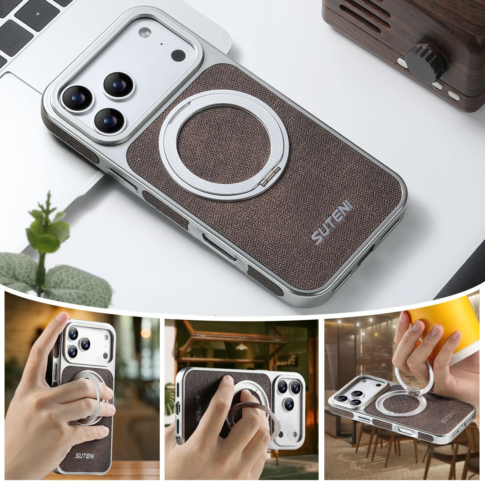 Leather Magnetic Phone Case with 360° Rotating Stand & Wireless Charging Compatibility