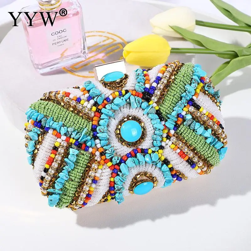 

2023 Multicoloured Stone Bohemia Beading Evening Clutch Bags Contrast Rainbow Colors Hand Bags Women Wedding Party Purse Clutch