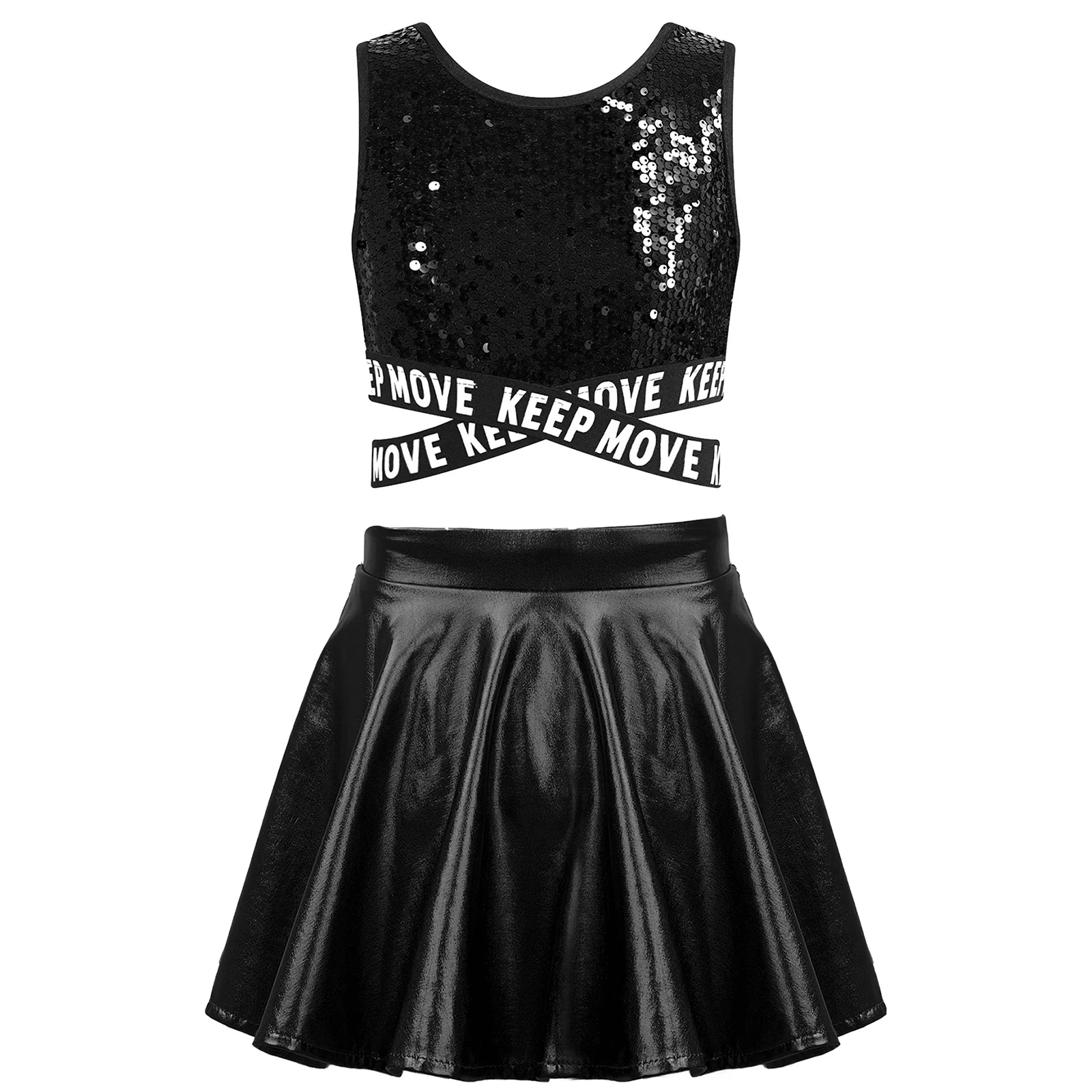 Kids Girls Jazz Cheer Dance Outfit Cheerleader Costume Sequins Crop Top Skirt for Cheerleading Uniform Dancewear Hip-hop Clothes
