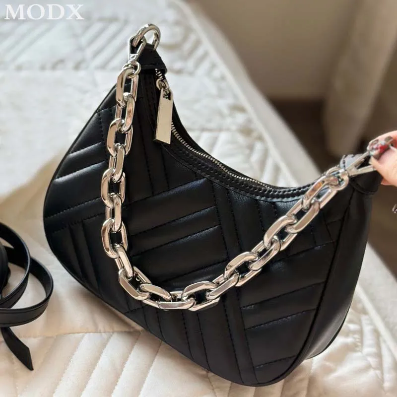 

Fashion Genuine Leather Texture Crossbody Bag 2024 New Metal Chain Underarm Bag Women Trendy All-match Shoulder Bag High Qualit