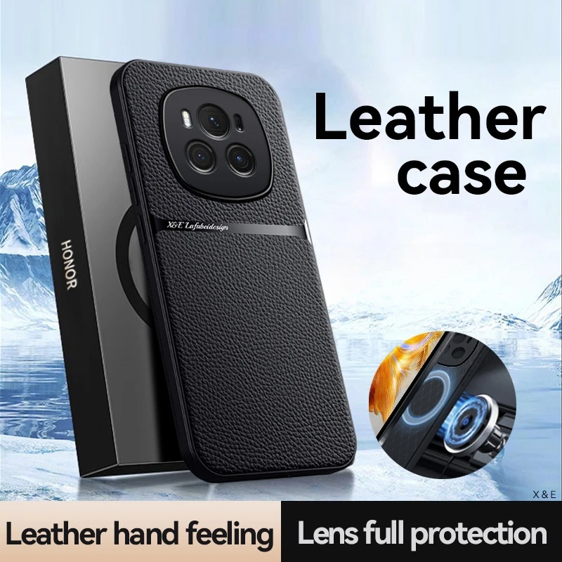 Magnetic Car Holder Leather Phone Case with Shockproof Silicone Back Cover