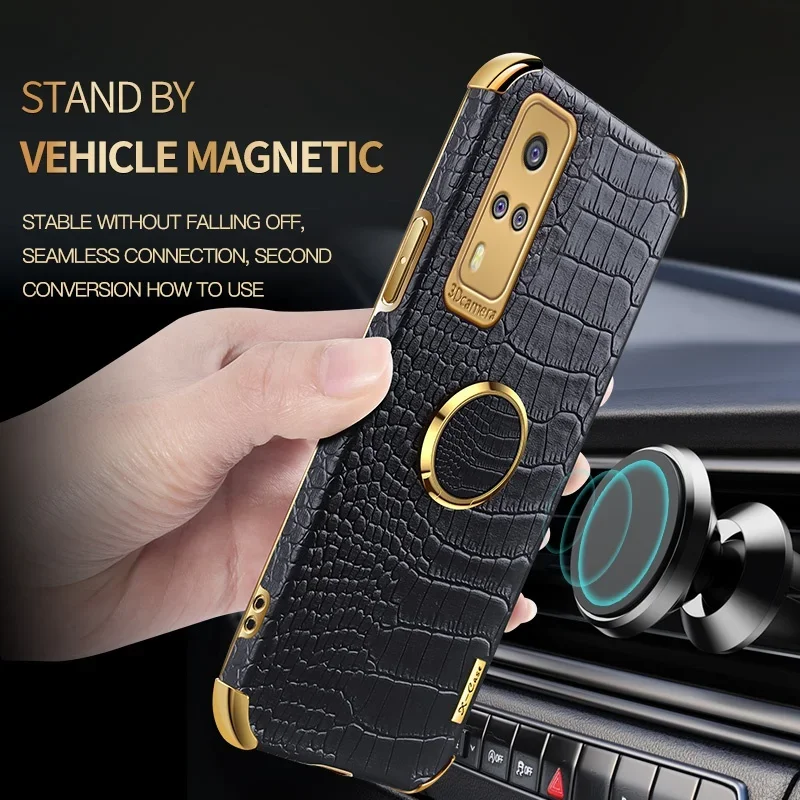 Luxury Leather Phone Case with Ring Grip and TPU Cover