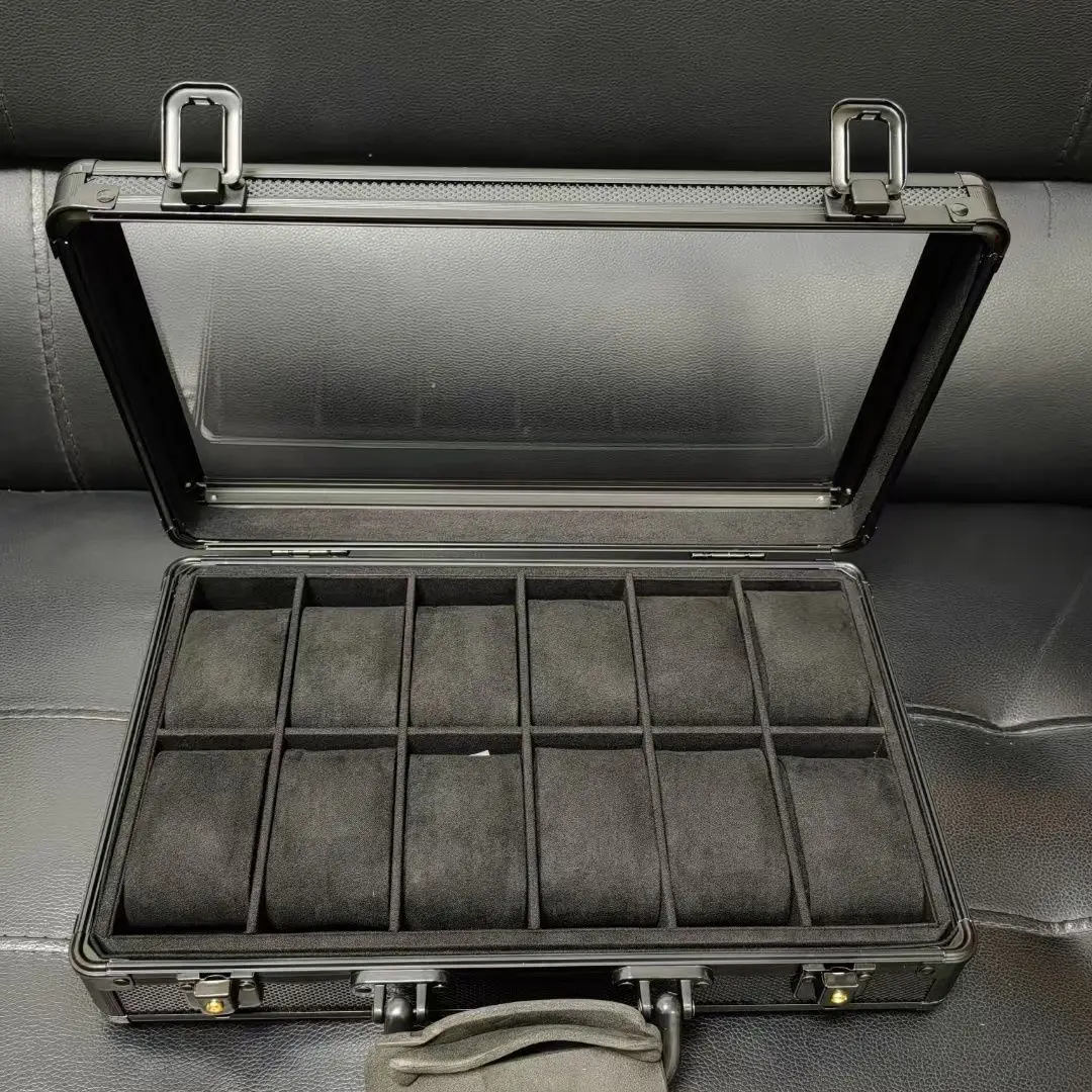 12 Slots Aluminum Jewelry Storage Box with Window, Clear Top Light Luxury Watch Case Organizer for Watches Briefcase