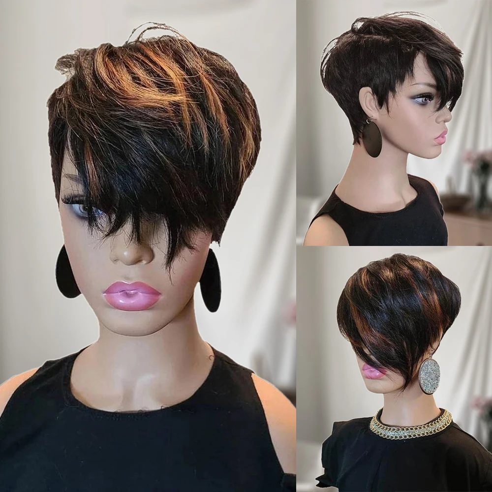 Short Pixie Cut Wig Human Hair with Bangs for Black Women 150% Density Brazilian Remy Hair Easy to Wear Short Machine Made Wig human hair wigs