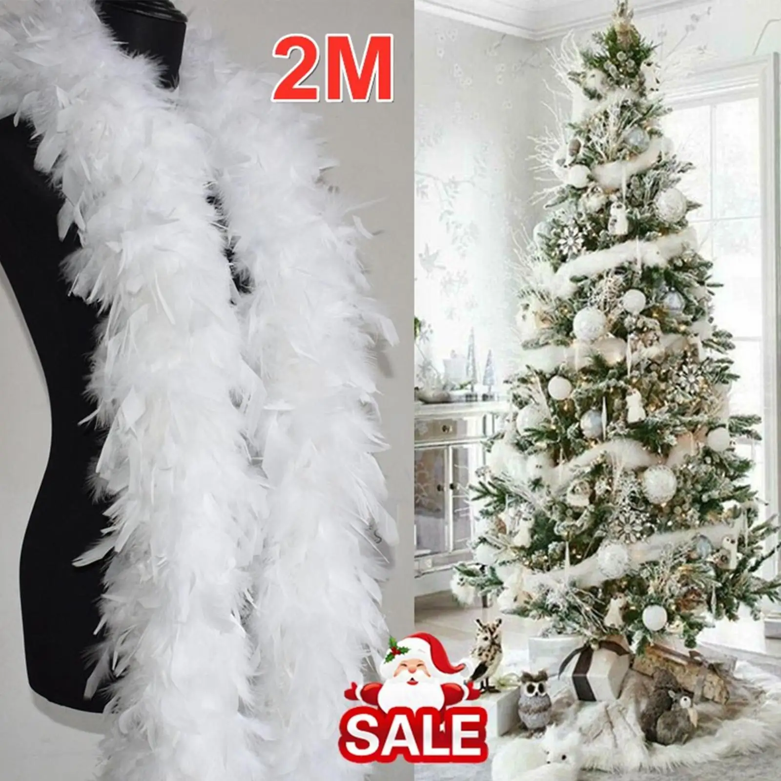 Boa de plumas de 2m para decoración de árbol de Navidad, cinta de guirnalda de plumas blancas, vestido de novia, chal decorativo