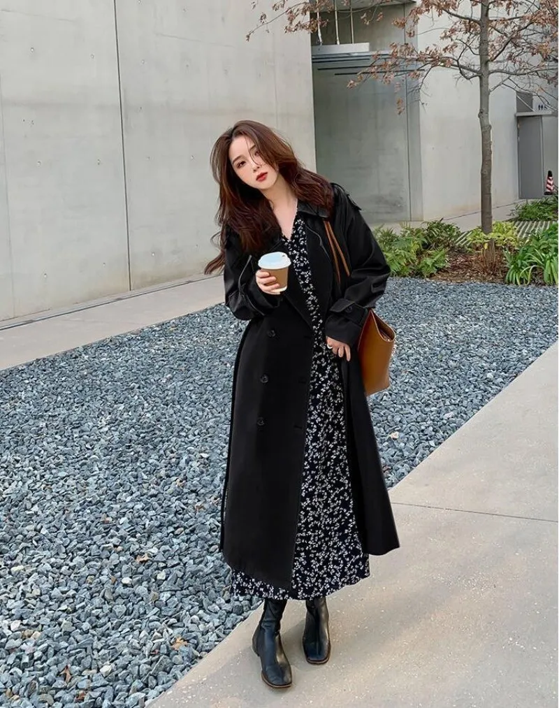 

Женский Длинный тренчкот, Повседневная элегантная Ветровка цвета хаки и черного цвета в Корейском стиле, свободная накидка в уличном стиле, весна 2023