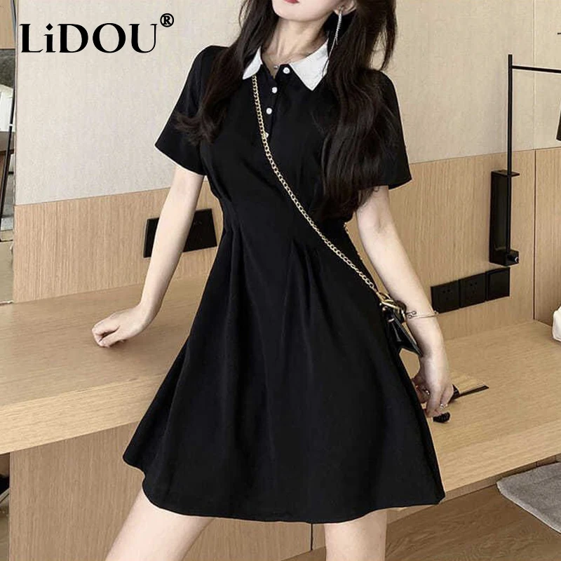 

2023 Summer Fashion Preppy Style Patchwork A-line Dress Female Slim Casual Polo-neck Mini Robe Women's Elegant Waist Vestidos