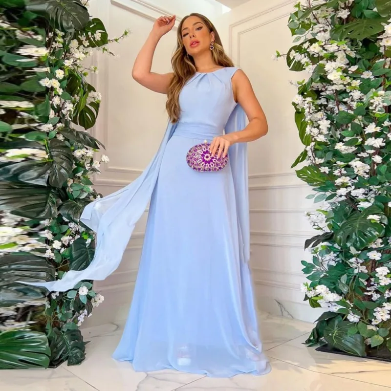 

Eightale Baby Blue Evening Dress for Wedding Party O-Neck Chiffon A-Line Arabic Prom Gown Formal Occasion Dresses