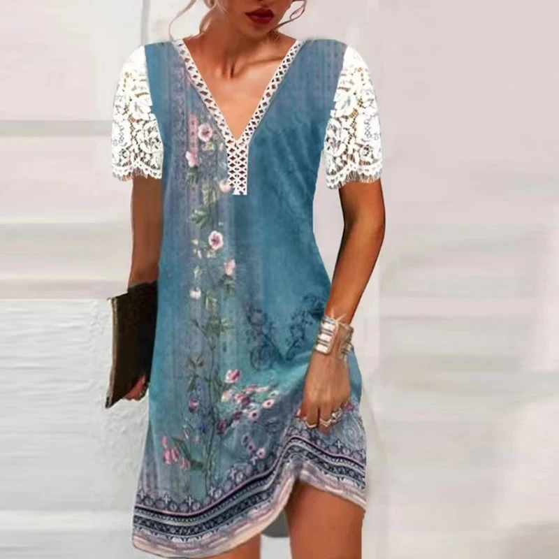 

Elegant Vintage Print Party Women's Dress Summer fashion Casual Lace V-neck Short-sleeved Dress Pullover Fashion female Sundress