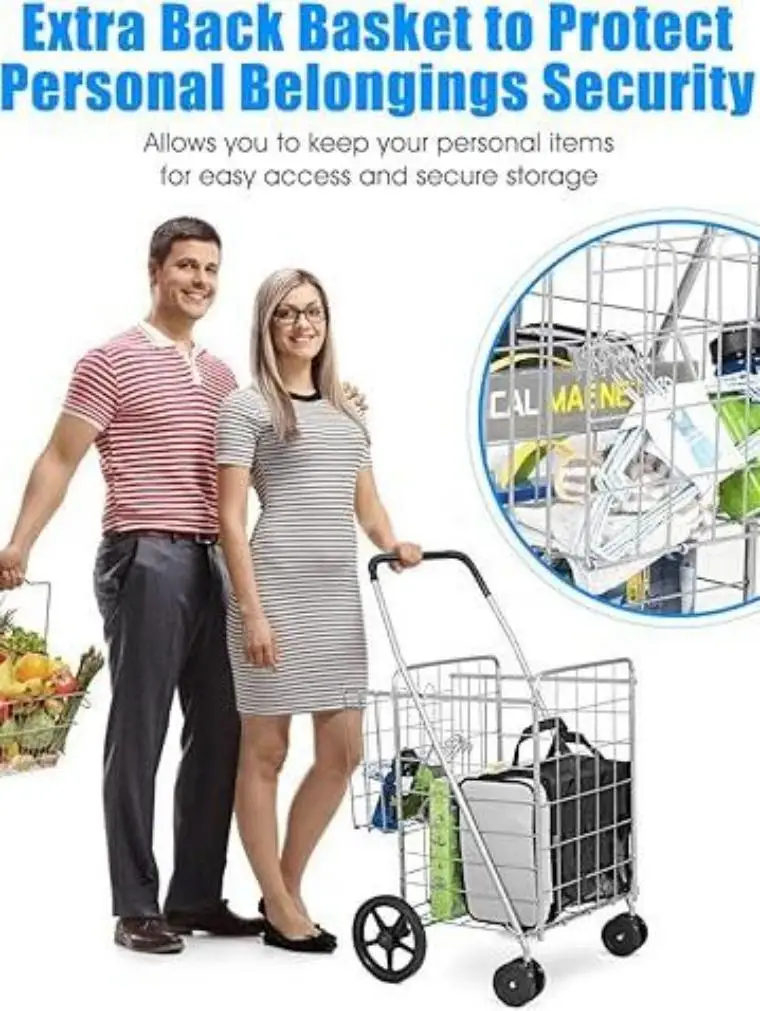 Goplus Jumbo Folding Shopping Cart with Rolling Swivel Wheels, Foldable Grocery Cart on Wheels with Double Basket