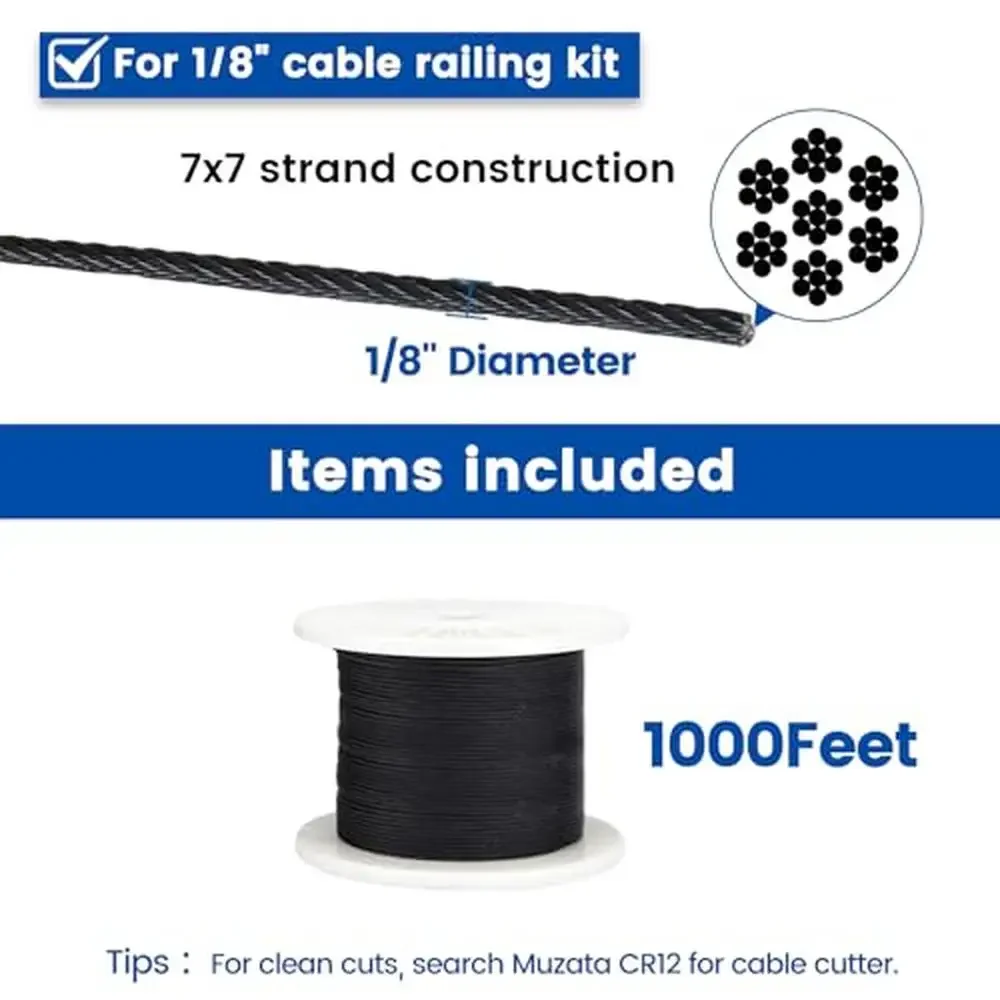 1000ft 1/8" Black Stainless Steel Cable Wire Rope Outdoor Indoor Railing Deck Fencing DIY Commercial Wedding Home Decor Fixtures