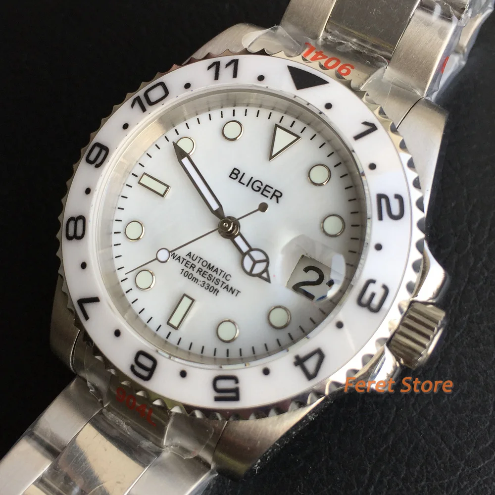 New 40mm BLIGER Watch Sterile White Dial Ceramics Bezel NH35 Sapphire Oyster Bracelet Fashion Luminous Automatic Men's Watch