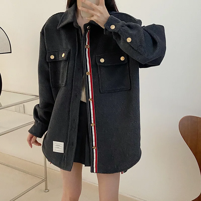 TB Short Lapel Woolen Jacket Women's Spring and Autumn Trend Gold Button Windbreaker Couple Shirt Style Woolen Jacket Winter