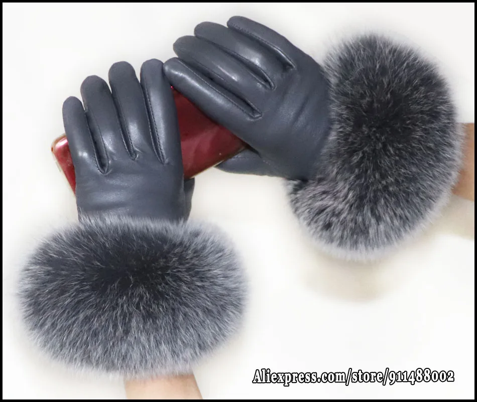 High-end Women's Colored Fox Fur Gloves Touch Screen Natural Leather Sheepskin Cycling Driving Winter Warm Plush Thick Mink Fur