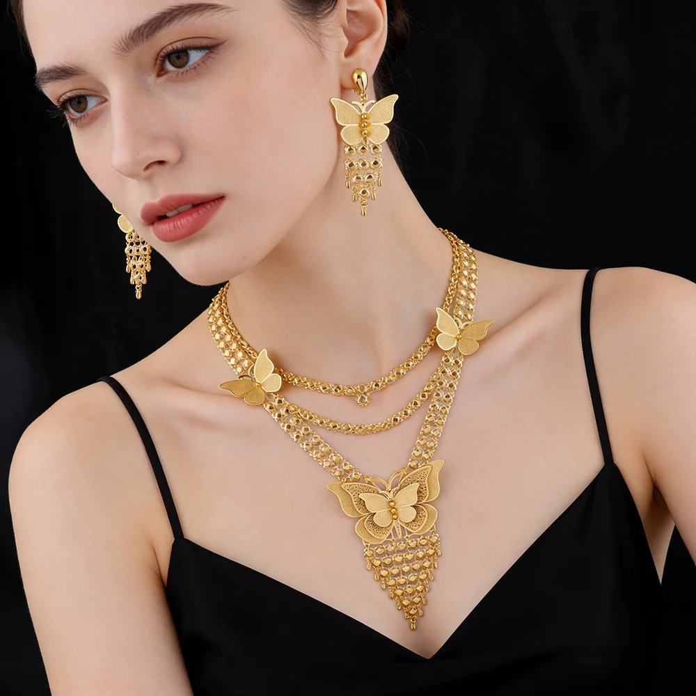 24K Gold Color Long Chain Necklace Earrings Set New Indian Nigerian Bridal Wedding Ethiopian Luxury Party Jewelry Wholesale Gift - 3