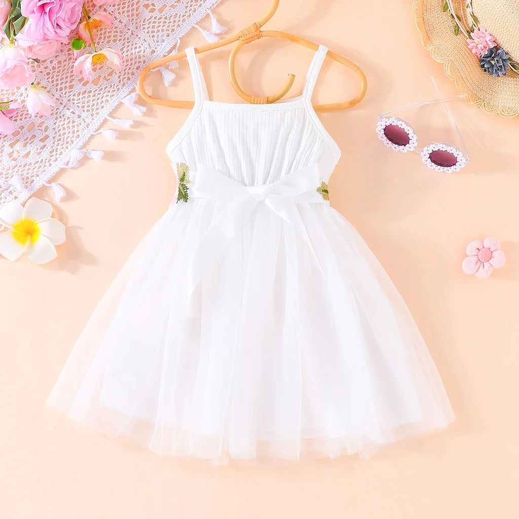 Robe de princesse en tulle pour enfants de 2 à 7 ans, tenue de princesse décontractée, avec ceinture florale et porte-jarretelles, à la mode, pour bébés filles