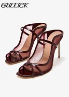 Sandales mules rouge bordeaux, bout ouvert, talons hauts, chaussures à Double lanières, chaussures à enfiler, pantoufles extérieures à enfiler, été et automne 1