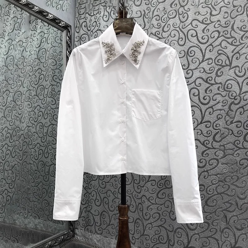 

100%Cotton Shirts 2024 Spring Summer Style Women Turn-down Collar Crystal Beading Deco Long Sleeve Casual White Shirts OL