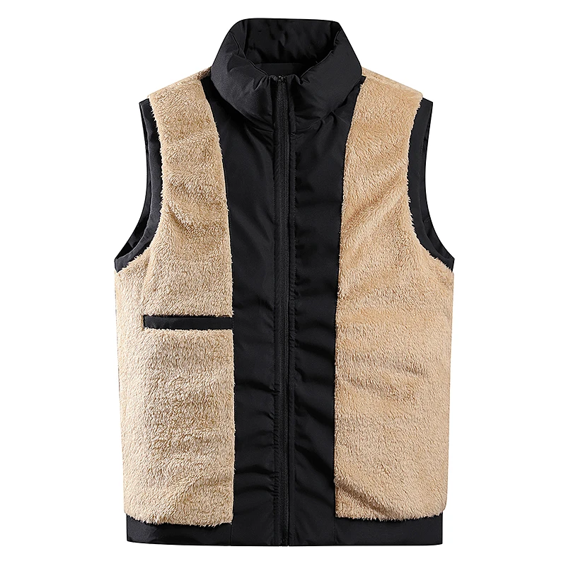 Autumn Winter Men's Pockets Turtleneck Zipper Solid Flocked Sleeveless Cardigan Vests Coats Loose Vintage England Style Tops