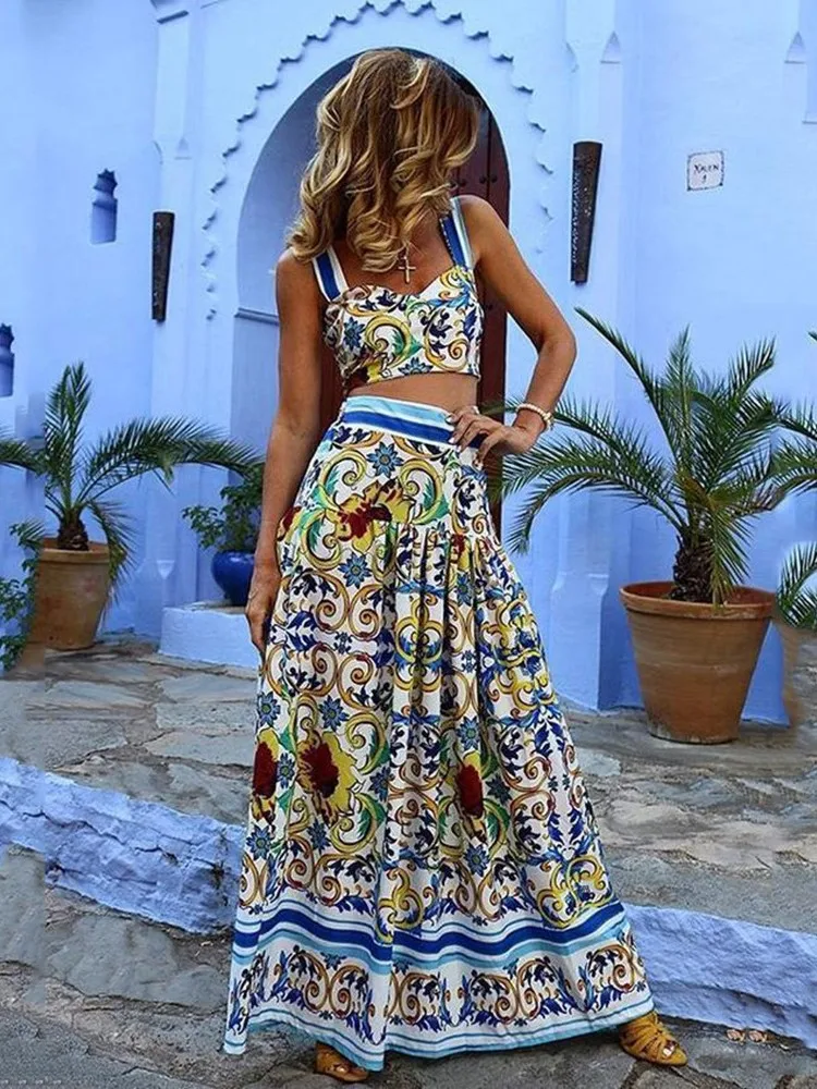 Bohemian Style Print Skirt Two Piece Set For Women Sexy Crop Camisole Casual Beach Holiday A-line Skirts 2 Piece Sets Female New