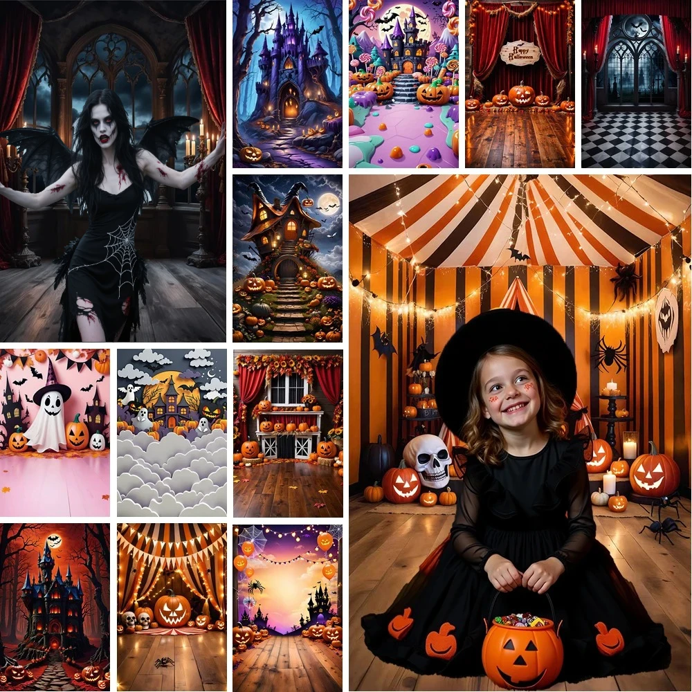 MOON.QG Halloween Photography Studio Backdrop Outdoor House Party Decoration Photo Background Skeleton Curtain Pumpkin Back Drop