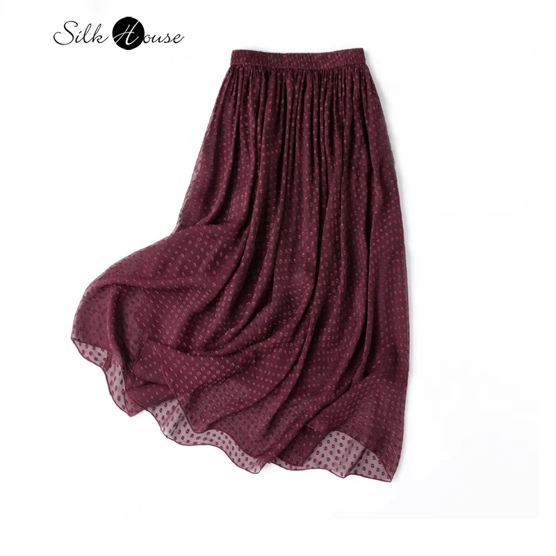 2024 Women's Fashion Spring New Three Layer Natural Mulberry Silk Jacquard Georgette Elastic Waist Versatile Large Swing Skirt