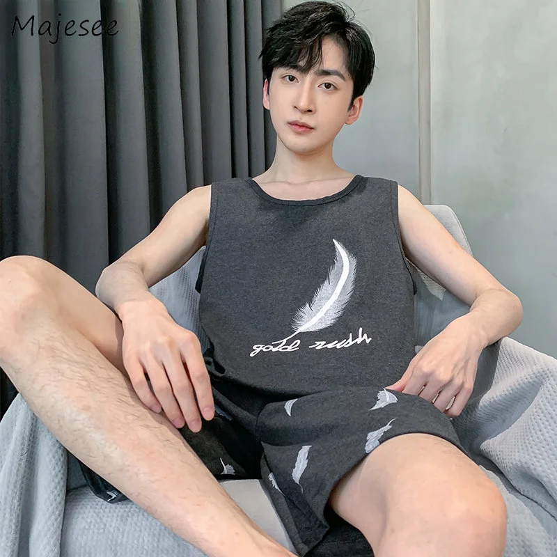 

Pajama Sets Men Sleeveless Two Piece Print Minimalist Baggy Homewear Lounge Kpop Clothing L-4XL Summer Thin Comfort Casual Chic