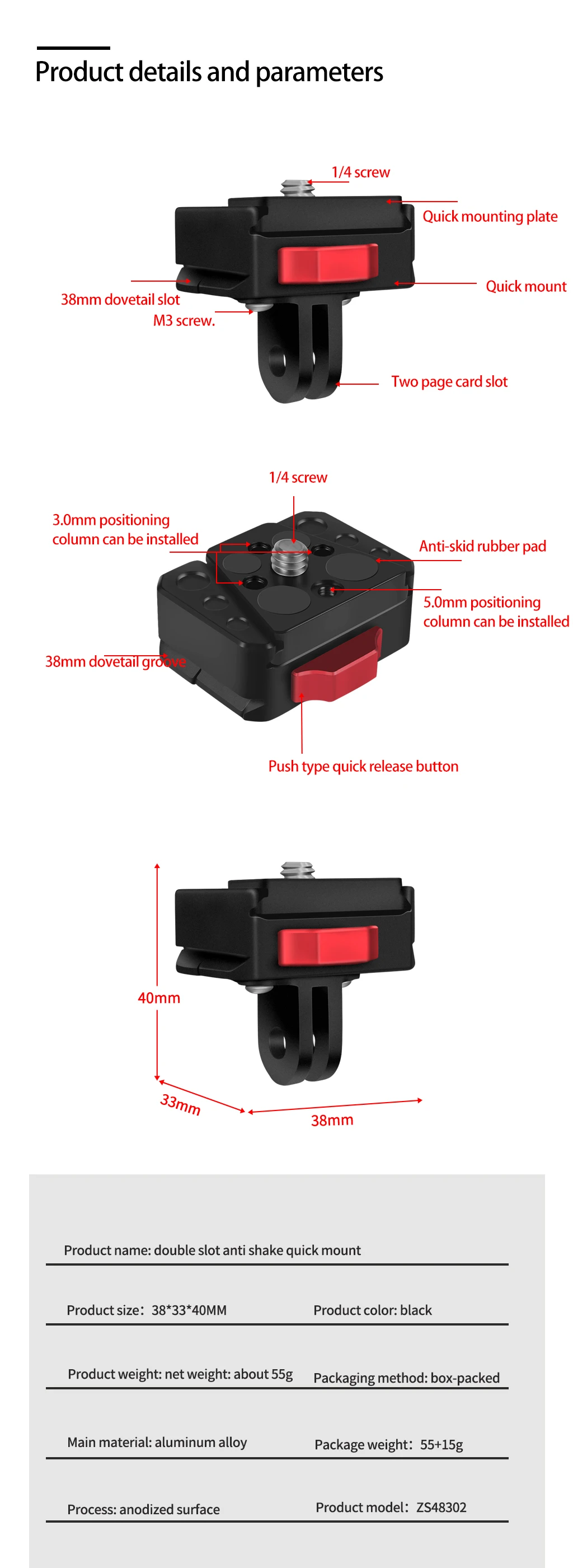 Quick Release Mount Plate Board Anti-shake Clamp V Port for GoPro13 Insta360 DJI